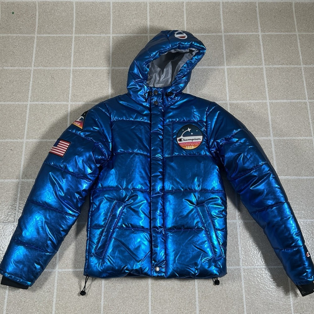RARE Champion x NASA Metallic Puffer Jacket Mens Size Xs Blue Quilted Space